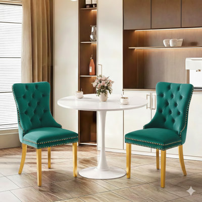 Dining Table Set,  24" Round Dining Table And 2 Velvet Dining Chairs With Gold-plated Legs