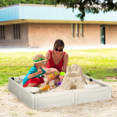 Kids Outdoor Sandbox with Cover Garden Bed, Easy Assembly for Backyard, Cream White