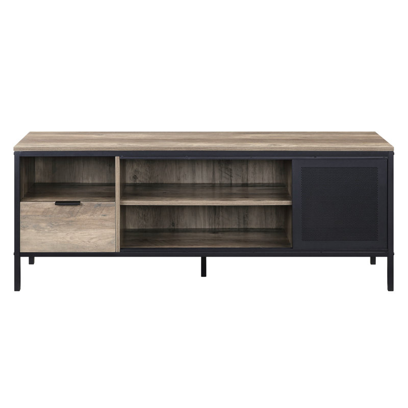 Kd Rectangular Tv Stand In Rustic Oak With Storage For Electronics Metal Base And Compartments