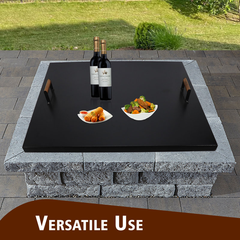 42'' Black Steel Square Fire Pit Lid with Wooden Handles