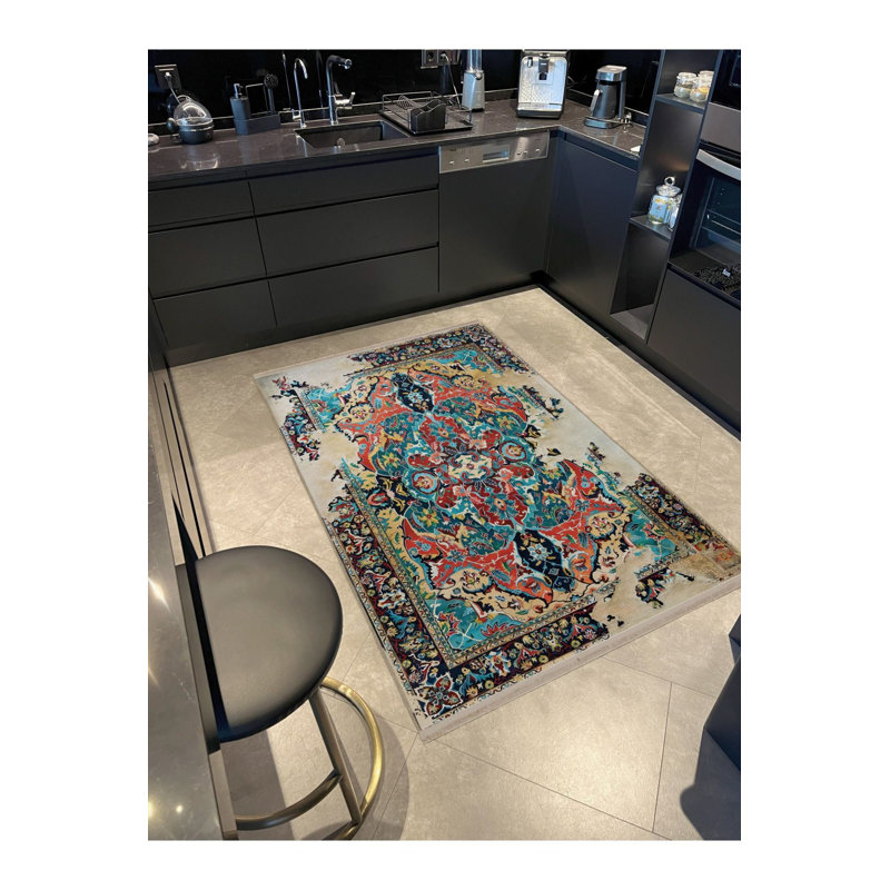 Tapis bleu délavé à motif abstrait multicolore traditionnel Creative, Sous-tapis rectangulaire 2 pi 6 po x 4 pi 11 po