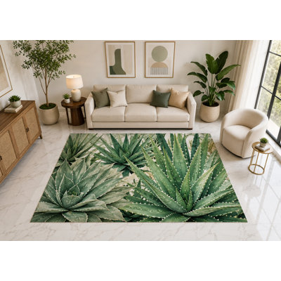Tapis d'intérieur ultra fin 152 x 213 cm (5' x 7') à motif d'aloès et de plantes succulentes, doux et à poils courts, avec envers antidérapant en silicone, idéal pour le salon, la chambre à coucher, la salle à manger et le bureau.