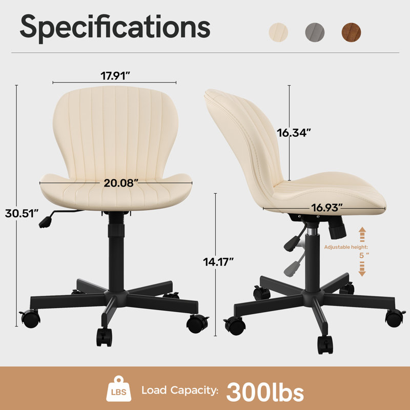 Fauteuil de bureau en cuir polyuréthane sans accoudoirs, fauteuil de bureau ergonomique et pivotant à hauteur réglable, Beige