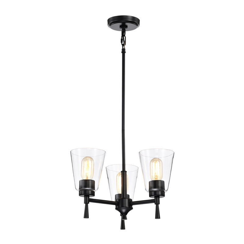Lustre moderne noir mat à 3 lumières Briarwood avec abat-jour en verre conique transparent, Noir mat