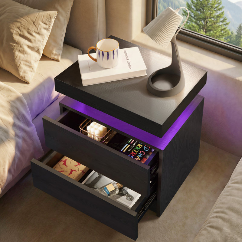 LED Nightstand with Drawers, Black Woodgrain