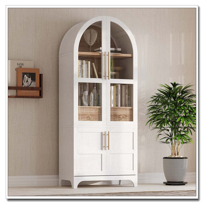 71″ Tall Arched Kitchen Pantry Cabinet with Door Shelves and Hidden Drawer, White