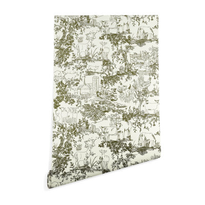 Rachelle Roberts Farm Land Toile In Vintage Green Peel And Stick Wallpaper Panel