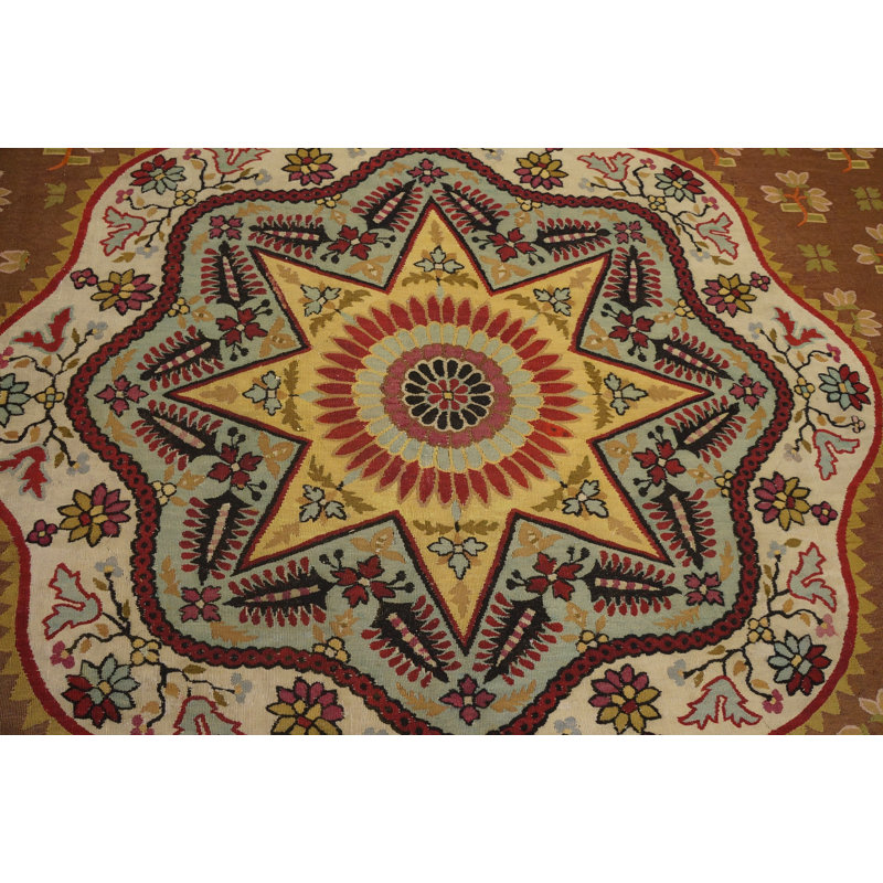 Antique Large Aubusson French Floral, Medallion Flat Weave Rug