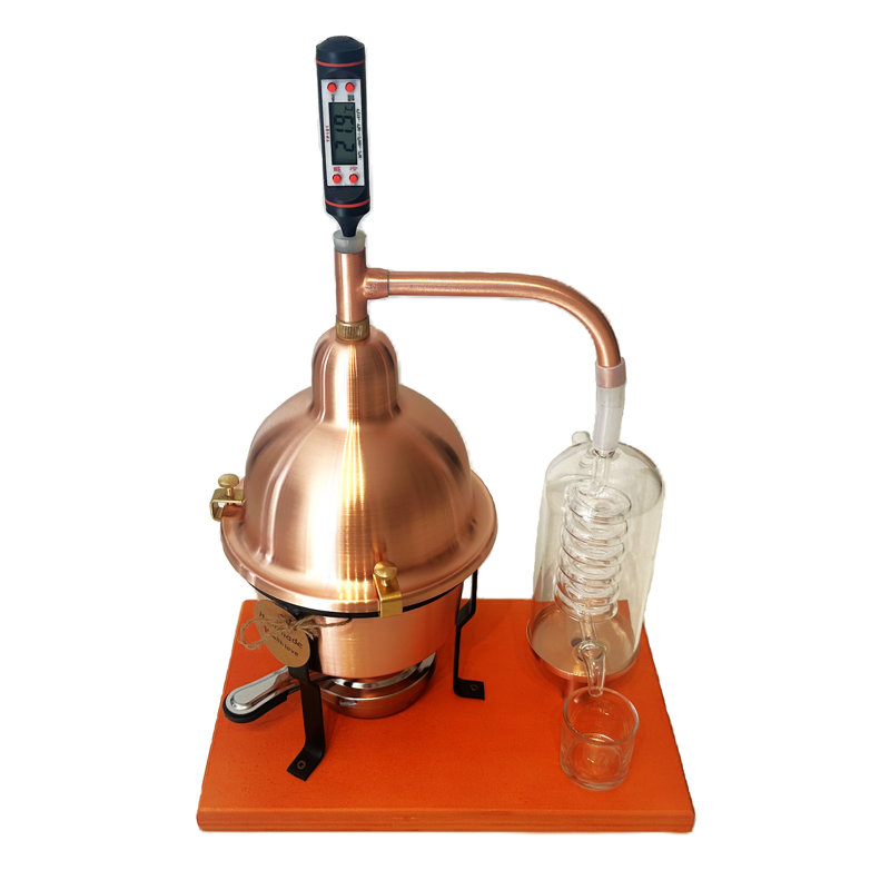 Alembic Distiller For Essential Oils In Copper With Blown Glass Condensation Coil. 1 Liter