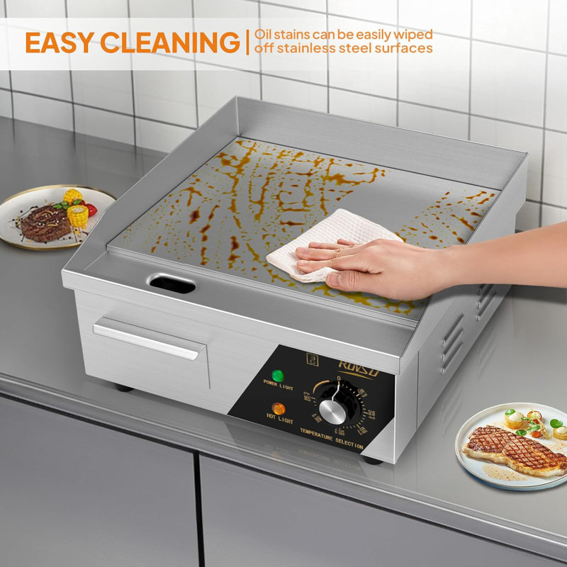 1500 Watt 14" Silver Stainless Steel Electric Flat Griddle