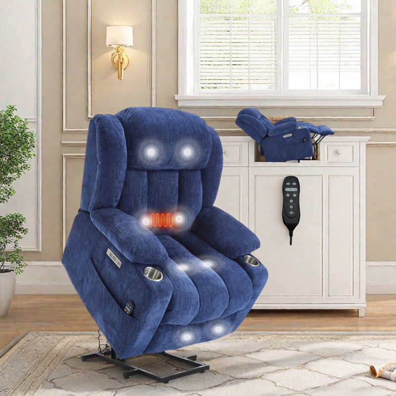 Power Lift Recliner Chair With Heat & Massage, Counter-Balanced Lift Assist For Seniors, Chenille Fabric, Usb Ports, Cup Holders, Adjustable Recline & Lumbar Heating