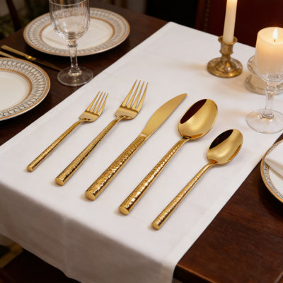 60-Piece Stainless Steel Flatware Set Service For 12, 18/10 Mirror Polished Gold Silverware With Hammered Handle Design