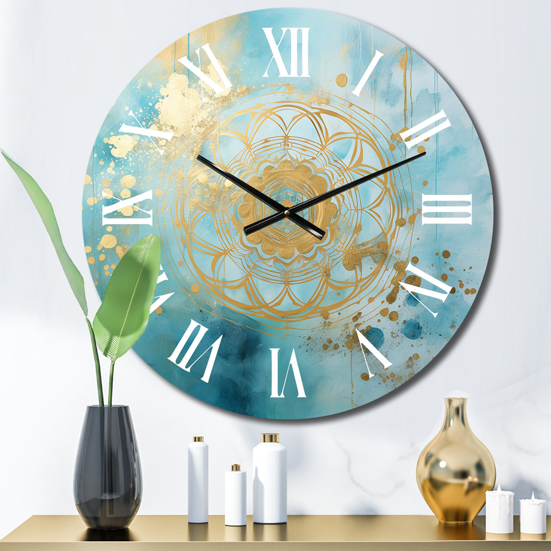 Divine Mandala Delicate Gold Gentle Turquoise IV Metal Wall Clock Design Art 