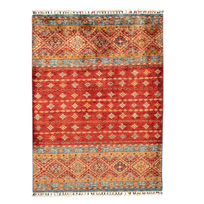 Tapis rouge / orange en laine / coton noué à la main de conception unique