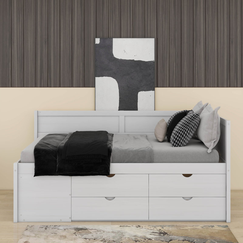 Lit de jour simple avec tablettes et tiroirs, Blanc