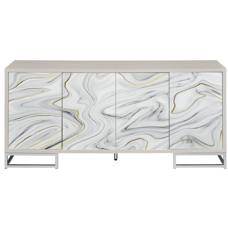 Console Cabinet In White Marble Paint And Drawer - Versatile Storage Option For Home Elegant With Marble-Like Feet Enhancement