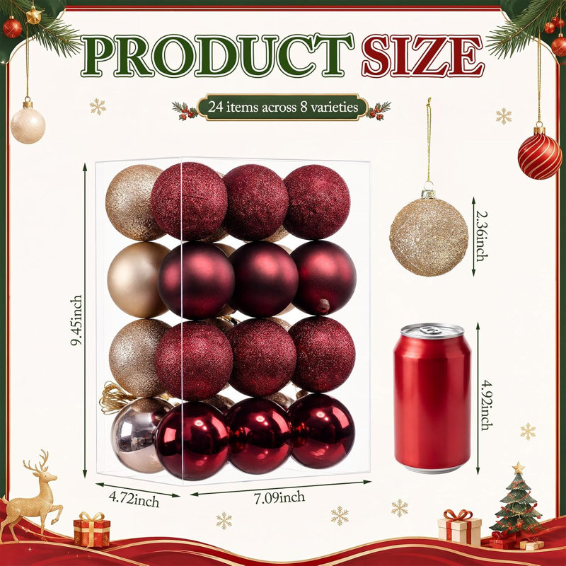 Ensemble de 24 boules de Noël bordeaux et dorées incassables, boules d'arbre texturées métalliques 2,4 pouces