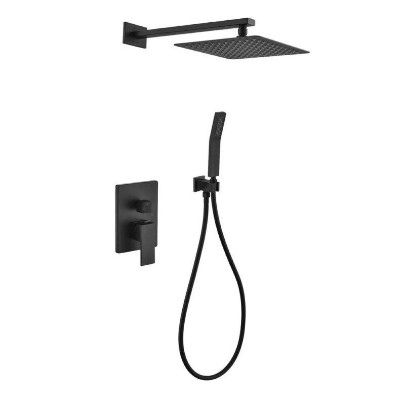 Black Square Rain Shower System with Handheld and Mixing Valve