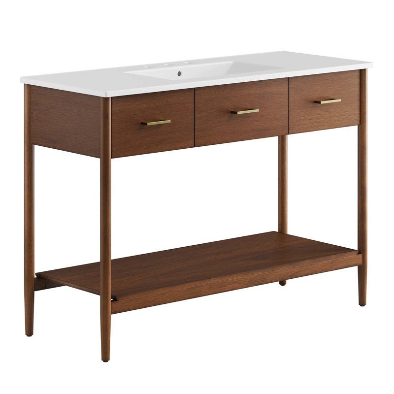 Ensemble de meuble-lavabo simple 48 po avec plateau en céramique Modway Zaire, Noyer, Blanc