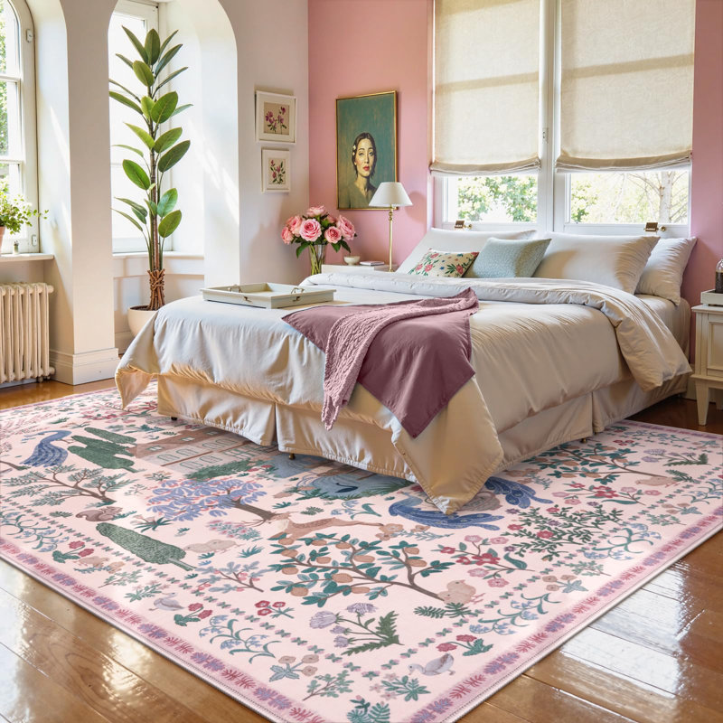 Tapis rétro rose floral lavable à la machine Goldene, Rectangulaire 8 pi x 10 pi