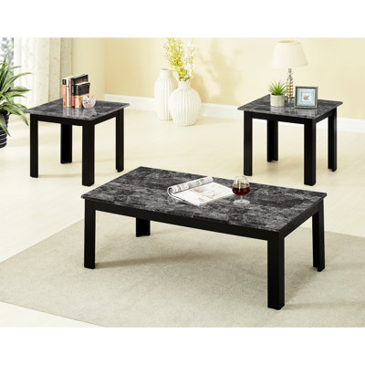 Table traditionnelle 3 pièces, tables de bout rectangulaires et carrées, dessus en faux marbre, agencement de couleurs grises, tonalité d'assemblage sans effort, pratique