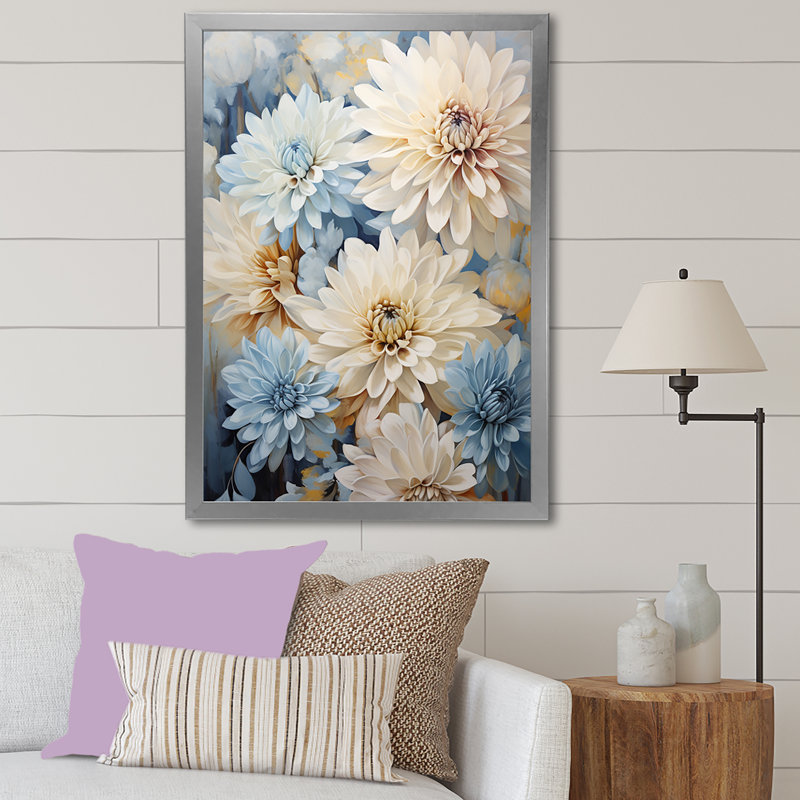 Minimalisme «Blooming Mums» en beige et bleu estompé sur toile, Cadre simple argenté, H 32 po x l 16 po x P 1 po