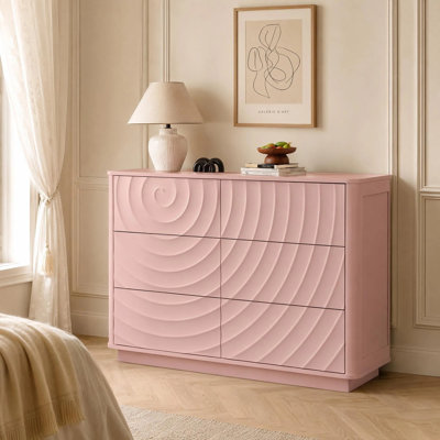 Grande commode moderne de 46,5 po de largeur, 6 tiroirs avec poignée et rangement ondulé, rangement en bois pour vêtements