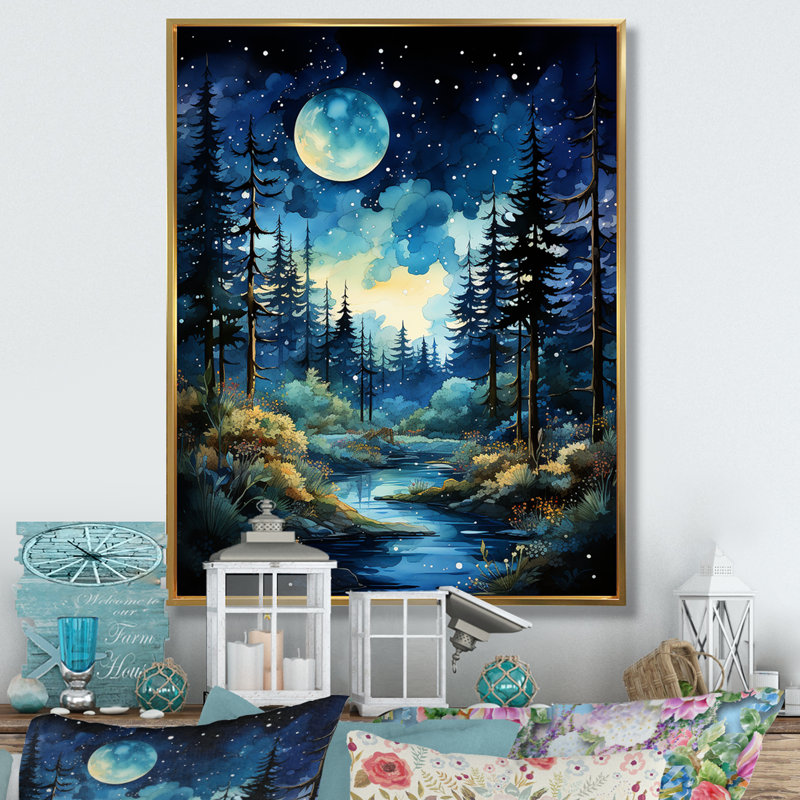 «Blue Pine Tree Midnight Serenity II», reproduction sur toile flottante, H 32 po x l 24 po x P 1 po, Encadrement doré