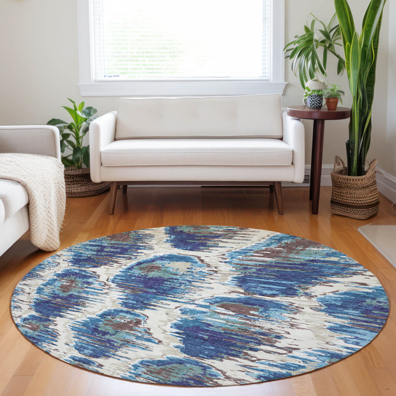 Premium Machine Washable Prisco Blue Rug, Round 8'