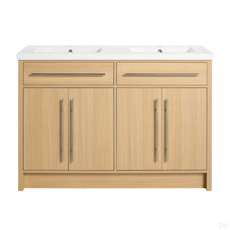 Meuble-lavabo autoportant 48 po avec lavabo en résine, 4 portes à fermeture douce, chêne original, contreplaqué (KD-PACKING)