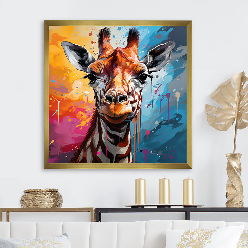 Pop art, portrait de girafe II sur toile, Cadre doré simple, H 16 po x l 16 po x P 1 po
