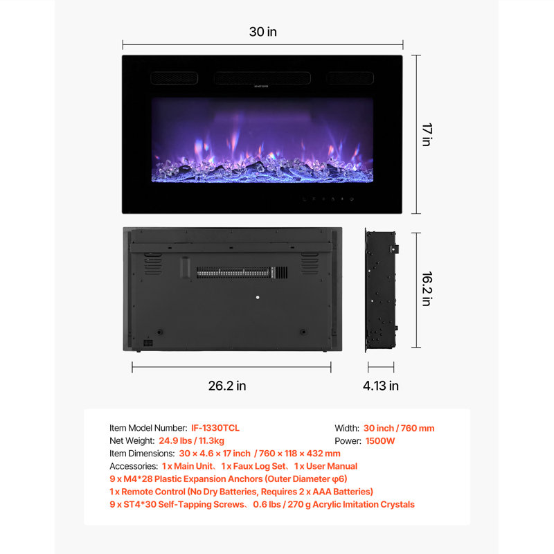 Electric Fireplace Wall Mounted Recessed with Remote Control 1500W, 17" H x 30" W x 4.13" D