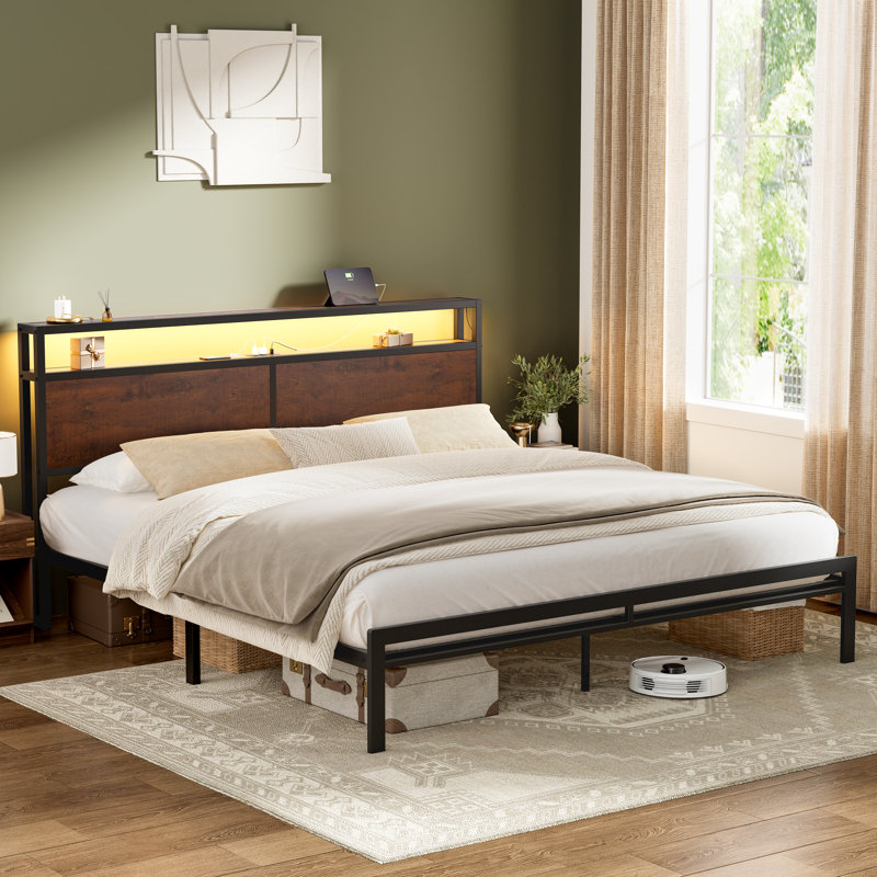 Antioch Bed Frame with LED Light and Charging Station, Metal Frame with Storage Headboard, Large Storage Space, No Spring Box Needed