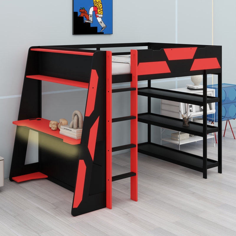 Ultimate Gaming Loft Setup with Desk, Storage Shelves & Programmable LED Lighting, Black+Red