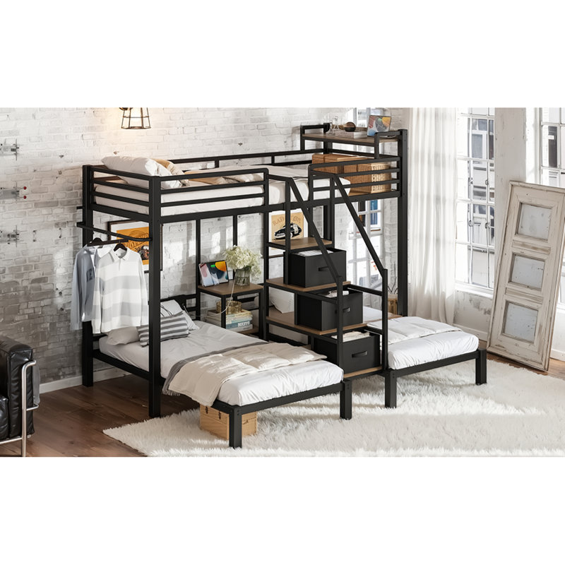 Lits gain d'espace avec rangement, lit simple triple avec cadre en métal, pour maison familiale moderne, Noir
