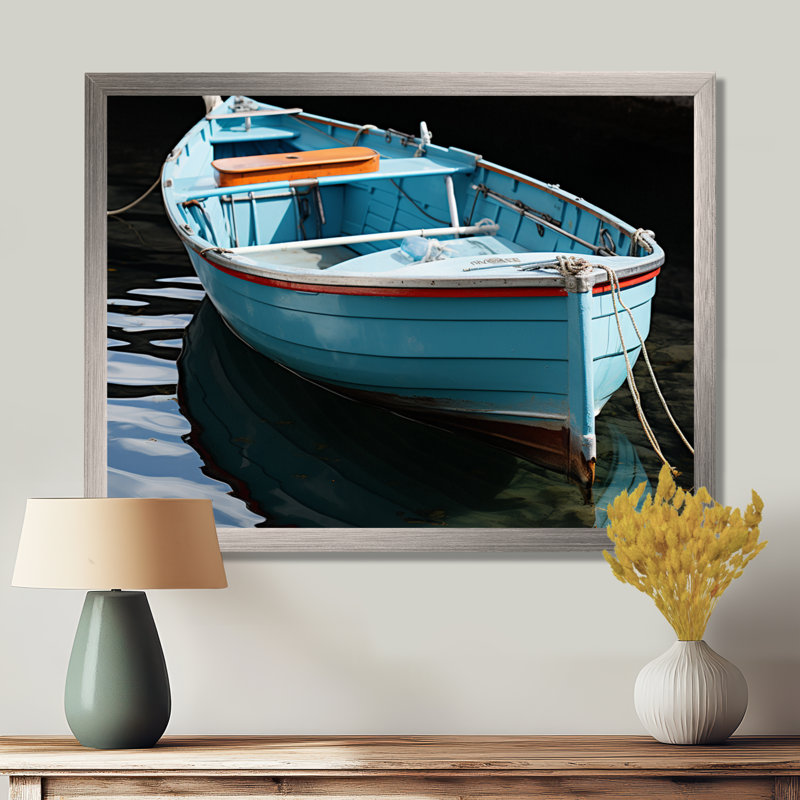 Bateau de pêche bleu et rouge - Bateau de pêche, art mural, Cadre flottant noir, H 16 po x l 32 po x P 1 po