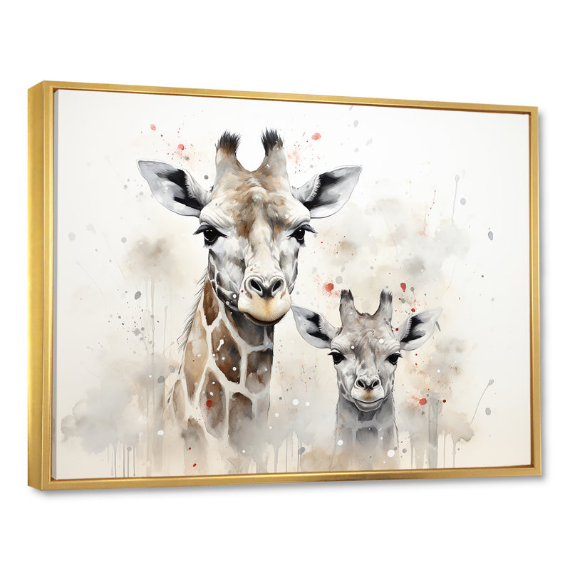 Famille de girafe beige ludique, H 16 po x l 32 po x P 1 po, Cadre flottant doré