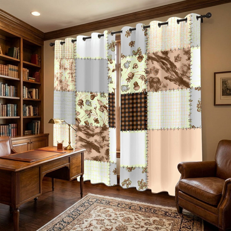 Rideaux en patchwork à imprimé floral (lot de 2), panneaux de fenêtre de style rustique, rideaux à œillets à motif géométrique à carreaux, décoration de fenêtre pour chambre et salon