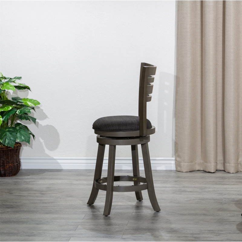 24" Counter Height Slat Back Swivel Stool, Weathered Gray Finish Fabric Seat, Brown Seat/Brown Frame
