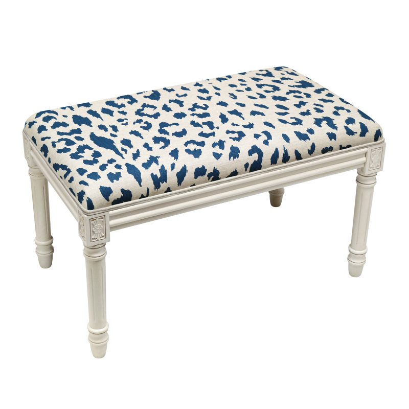 Banc en bois massif Cambel, Blanc antique / imprimé guépard bleu marine