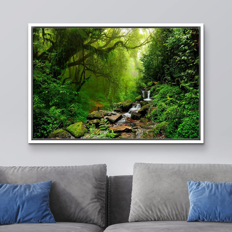 " Nepal Green Forest Waterfall ", 24" H x 36" W x 1.5" D, White Frame
