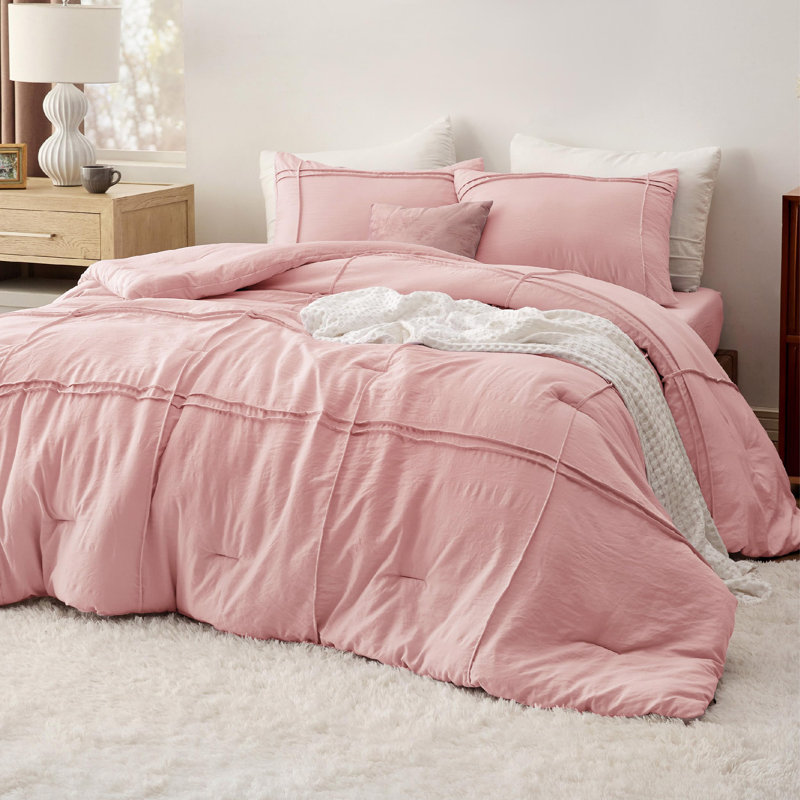 Bedsure Prewashed Pinch Pleat Bedding Sets, Queen Comforter + 3 Additional Pieces, Light Pink