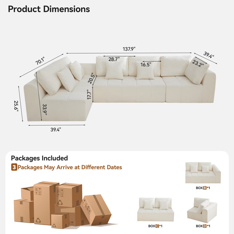 Canapé modulaire en forme de L surdimensionné de 137,9 po Boneless, canapé à nuage compressé modulaire avec mousse à mémoire de forme
