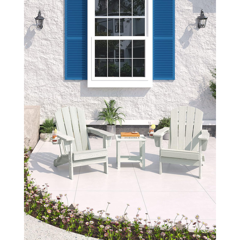Folding Adirondack Chair Set Of 2, All-Weather HDPE Outdoor Chair, Wooden Textured With Cup Holder For Patios, Decks, Gardens, Fire Pits, White
