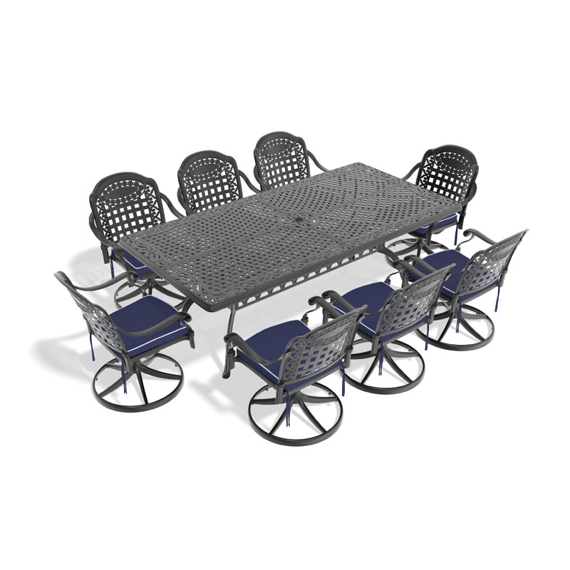 Ensemble de salle à manger 9 pièces en fonte d'aluminium toutes saisons, comprenant 8 chaises pivotantes et une table rectangulaire avec cadre noir