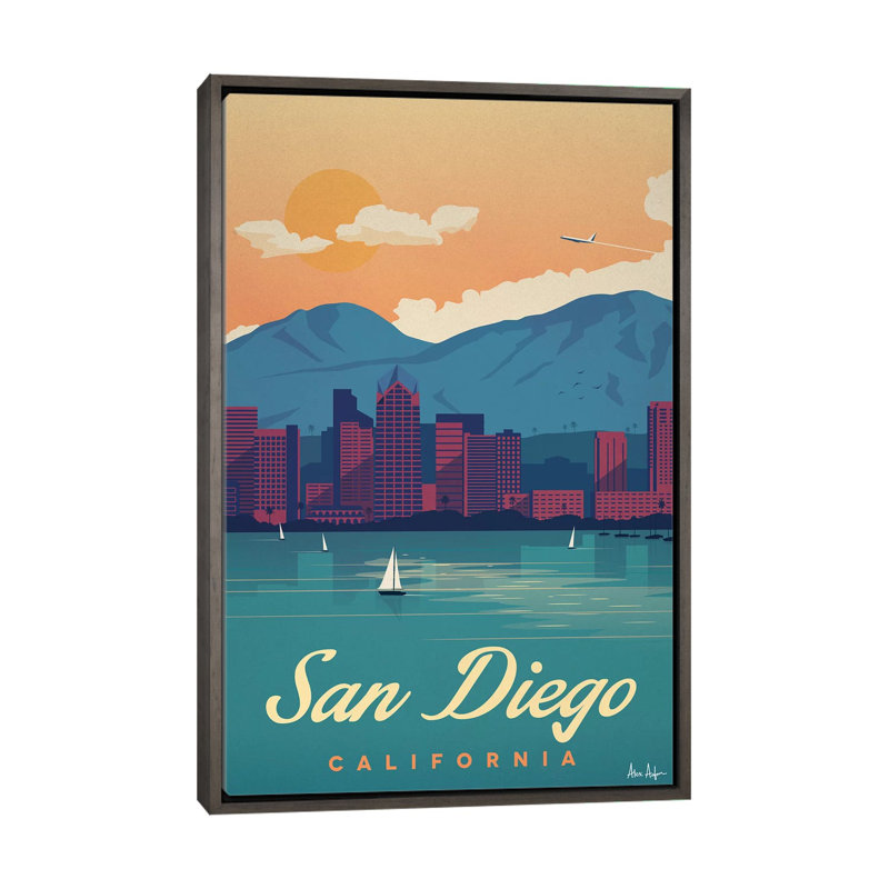 San Diego - impression d'art graphique, H 48 po x l 32 po x P 1,5 po, Toile encadrée de bois rustique foncé, Pas de tapis
