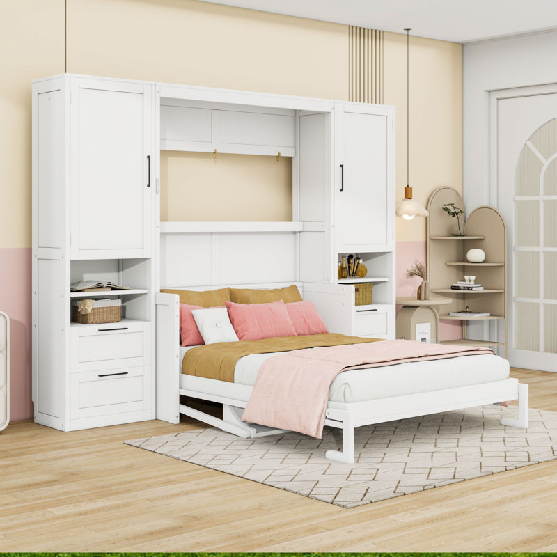 Lit escamotable double en bois avec quatre tiroirs, tablettes et placard, Blanc