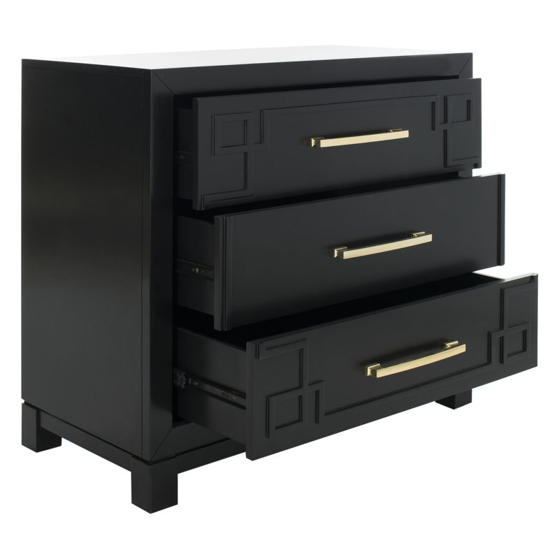 Elegant Chamere 31.87'' Wide Nightstand – Glam Bedroom Chest with 3 Drawers and Brass Pulls Storage, Black