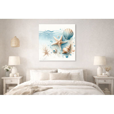 Art mural sur toile coquillage et étoile de mer côtière, décor de plage beige bleu doux, art mural côtier de salle de bain, œuvre d'art océan neutre