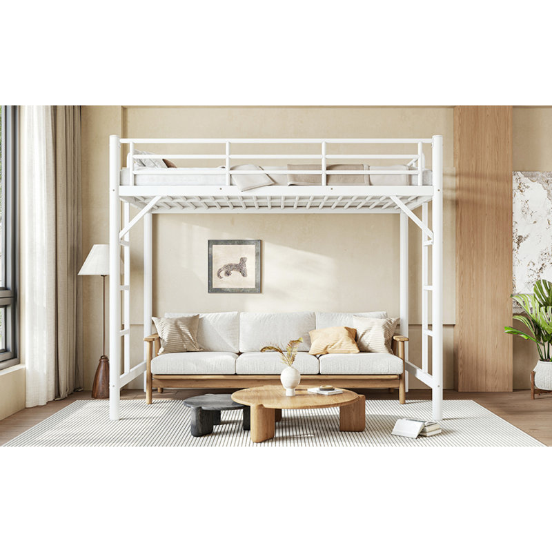 Lit mezzanine simple en métal de taille XL, lit mezzanine avec échelle facile à monter et garde-corps, blanc